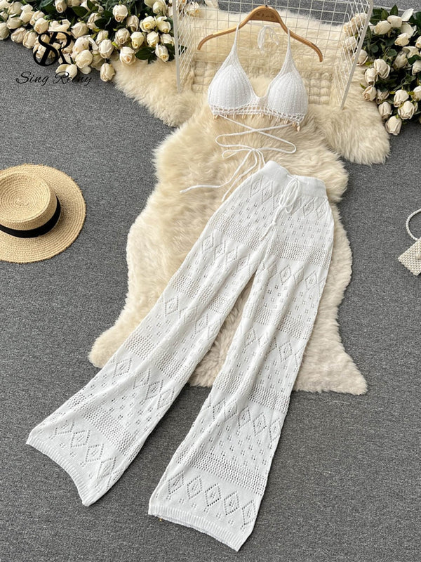 SINGREINY Women Summer Design Knitted Set Sexy Backless Halter Short Tops+Chic Hollow Knitted Wide Leg Long Pants Two Piece Suit