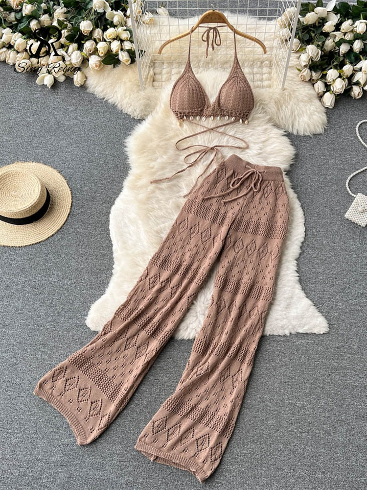 SINGREINY Women Summer Design Knitted Set Sexy Backless Halter Short Tops+Chic Hollow Knitted Wide Leg Long Pants Two Piece Suit