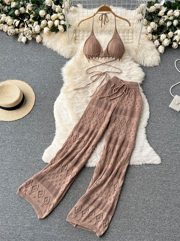 SINGREINY Women Summer Design Knitted Set Sexy Backless Halter Short Tops+Chic Hollow Knitted Wide Leg Long Pants Two Piece Suit