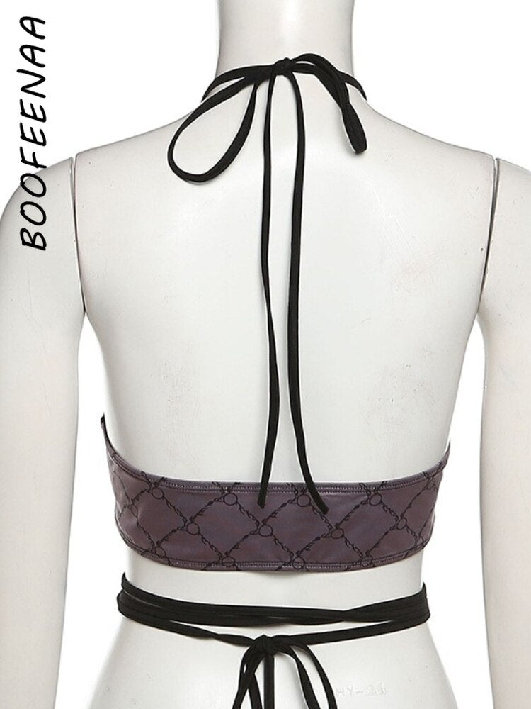 BOOFEENAA Tie Up Backless Halter Top Sexy Black Mesh Sheer Camisole Womens Clothing 2022 Clubwear Bandage Crop Tops C83-AI10
