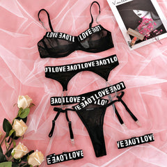 Ellolace Letter Lingerie Sexy Underwear 4-Pieces Sensual Transparent Lace Pussy Panties Erotic Set Bra With Chain Exotic Outfits