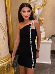 Diamond One Shoulder Black Bandage Dress