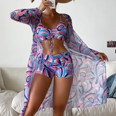 Tropical High Waist Bikini Three Pieces - Long Sleeve Cover Up Swimsuit Bathing Suit
