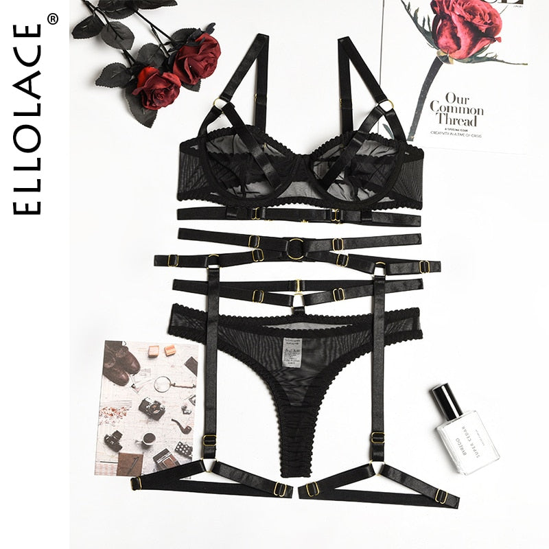 Ellolace Sensual Lingerie Transparent Bra Bandage Exotic Costumes Sexy Porn Outfits 4-Piece Garters Sissy See Through Underwear