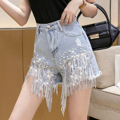 2022 Women Spring Summer New Elegant Shorts Lady Tassel Beading High Waist Wide Leg Denim Shorts Female Casual Solid Shorts