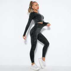 Women Seamless High Waist Yoga Set Long Sleeve Crop Top High Waist Leggings