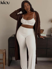 Kliou Concise Knitted Two Piece Set Women Skinny Patchwork Camisole Crop Tops+Solid Casual Pants Matching Female Workout Outfits