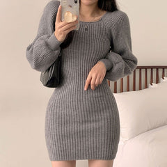 Square Collar Long Lantern Sleeve Above Knee Bodycon Dress