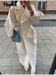 Autumn Women Woolen Coat Thick Lapel Lantern Sleeve Office Lady Long Jackets Double-Breasted New in Outerwears Female Coats
