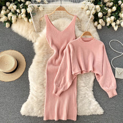 Elegant Slim Two Piece Sets Sweater Dress High Waist Knitted Ensemble Long Dress