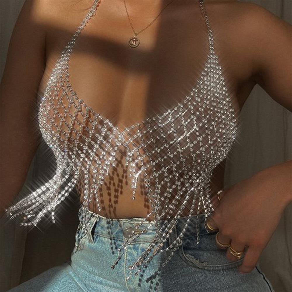 Luxury Mesh Tassel Body Harness Chest Chain Bra Top Rhinestone Crystal Lingerie Bikini Sexy Body Jewelry For Women Festival Gift