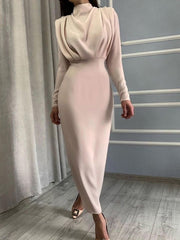 InstaHot Elegant Women Dress Stand Collar Slim Waist Solid Blue Ankle Length Autumn Long Sleeve Casual Party Dress 2020 Fashion