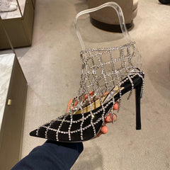 Ladies rhinestone mesh pointed toe high heels women&#39;s spring new mix color 9cm hollow zipper Roman sandals footwear size 40