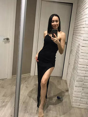WannaThis Side Split Dress Women Sexy Sleeveless Solid Knitted Ankle-Length Party Dress Slim Elastics Off Shoulder Dress Cotton