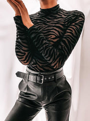 InstaHot Black Mesh Transparent Sexy Bodysuit Long Sleeve Slim Skinny Stripe Mock Neck Casual Rompers Women Lady Party Club Body