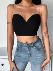 InstaHot Sexy Spaghetti Strap Cami Slim Cropped Top Women Summer Casual Backless Skinny Black Streetwear Sleeveless Camisole
