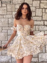 WannaThis Floral Y2K Mini Dress Corset Off Shoulder Women Ruffle Sexy Puff Sleeve Summer 2022 Streetwear Chic Party Vestidos New