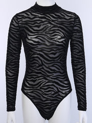 InstaHot Black Mesh Transparent Sexy Bodysuit Long Sleeve Slim Skinny Stripe Mock Neck Casual Rompers Women Lady Party Club Body