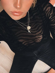 InstaHot Black Mesh Transparent Sexy Bodysuit Long Sleeve Slim Skinny Stripe Mock Neck Casual Rompers Women Lady Party Club Body