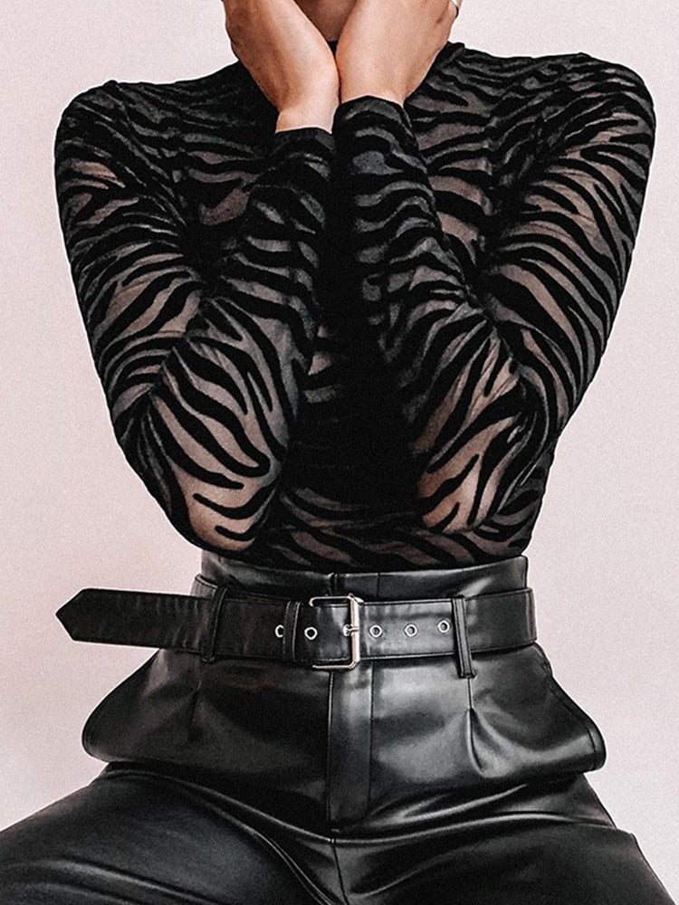 InstaHot Black Mesh Transparent Sexy Bodysuit Long Sleeve Slim Skinny Stripe Mock Neck Casual Rompers Women Lady Party Club Body