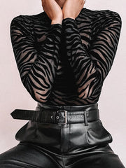 InstaHot Black Mesh Transparent Sexy Bodysuit Long Sleeve Slim Skinny Stripe Mock Neck Casual Rompers Women Lady Party Club Body