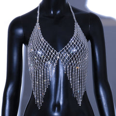 Luxury Mesh Tassel Body Harness Chest Chain Bra Top Rhinestone Crystal Lingerie Bikini Sexy Body Jewelry For Women Festival Gift