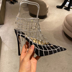 Ladies rhinestone mesh pointed toe high heels women&#39;s spring new mix color 9cm hollow zipper Roman sandals footwear size 40