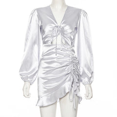 Women Satin Dresses Lace up Ruffle Hollow out Long Sleeve Ruched Mini Dress