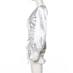 Women Satin Dresses Lace up Ruffle Hollow out Long Sleeve Ruched Mini Dress