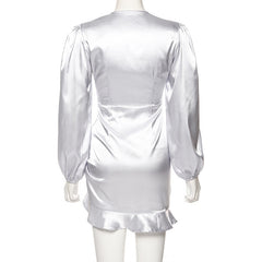 Women Satin Dresses Lace up Ruffle Hollow out Long Sleeve Ruched Mini Dress
