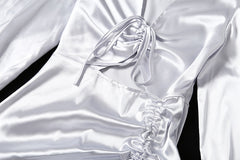 Women Satin Dresses Lace up Ruffle Hollow out Long Sleeve Ruched Mini Dress