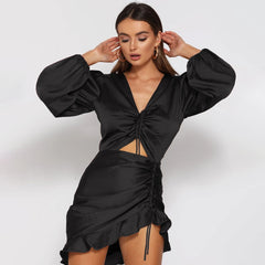 Women Satin Dresses Lace up Ruffle Hollow out Long Sleeve Ruched Mini Dress