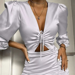 Women Satin Dresses Lace up Ruffle Hollow out Long Sleeve Ruched Mini Dress