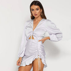 Women Satin Dresses Lace up Ruffle Hollow out Long Sleeve Ruched Mini Dress