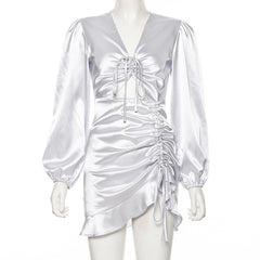 Women Satin Dresses Lace up Ruffle Hollow out Long Sleeve Ruched Mini Dress
