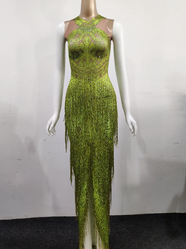green Fringes Summer Sleeveless Long Dress