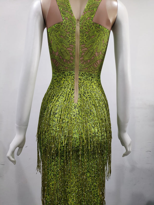 green Fringes Summer Sleeveless Long Dress