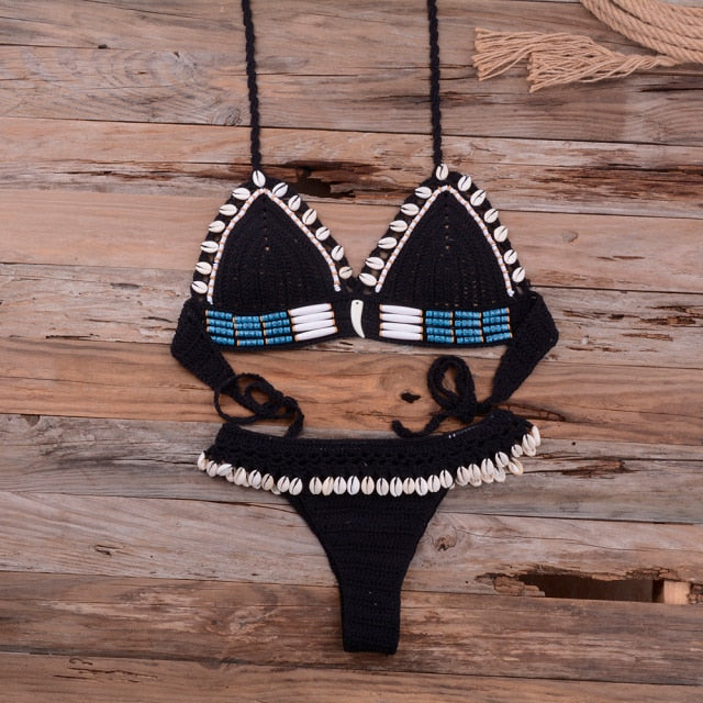 Knitted Bikini Shell Tassel Women Thong Halter Brazilian