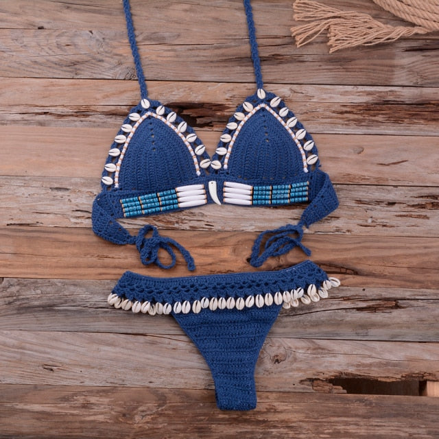 Knitted Bikini Shell Tassel Women Thong Halter Brazilian