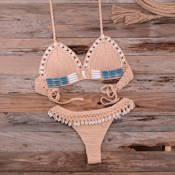 Knitted Bikini Shell Tassel Women Thong Halter Brazilian