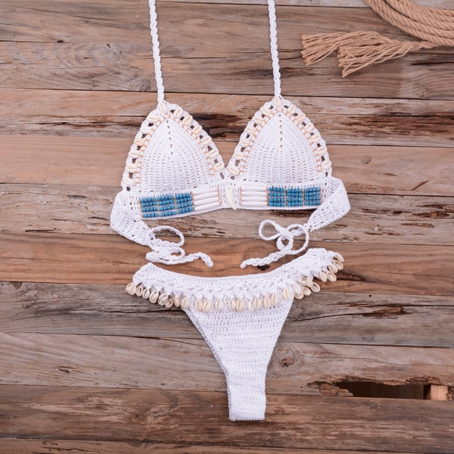 Knitted Bikini Shell Tassel Women Thong Halter Brazilian