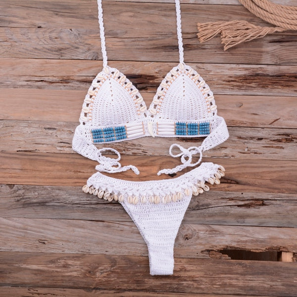 Knitted Bikini Shell Tassel Women Thong Halter Brazilian