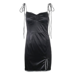 Strappy Satin Ruched Black mini Dress