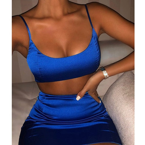 Satin Sleeveless Crop Top Skirt Two Piece Outfit