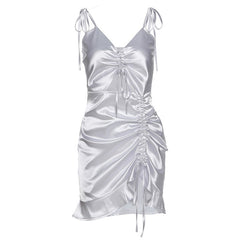 Women Satin Dresses Lace up Ruffle Hollow out Long Sleeve Ruched Mini Dress