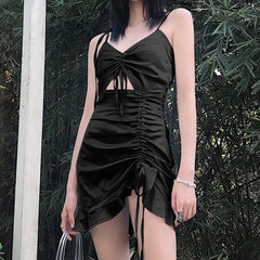 Women Satin Dresses Lace up Ruffle Hollow out Long Sleeve Ruched Mini Dress