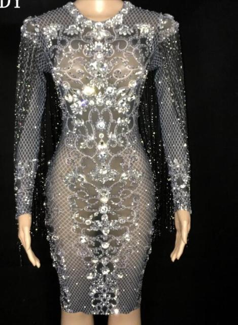 Sparkly Silver Rhinestones See Through Dress