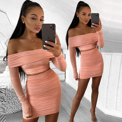 Two Piece Set Autumn Pleat Ruched Crop Top Mini Skirt