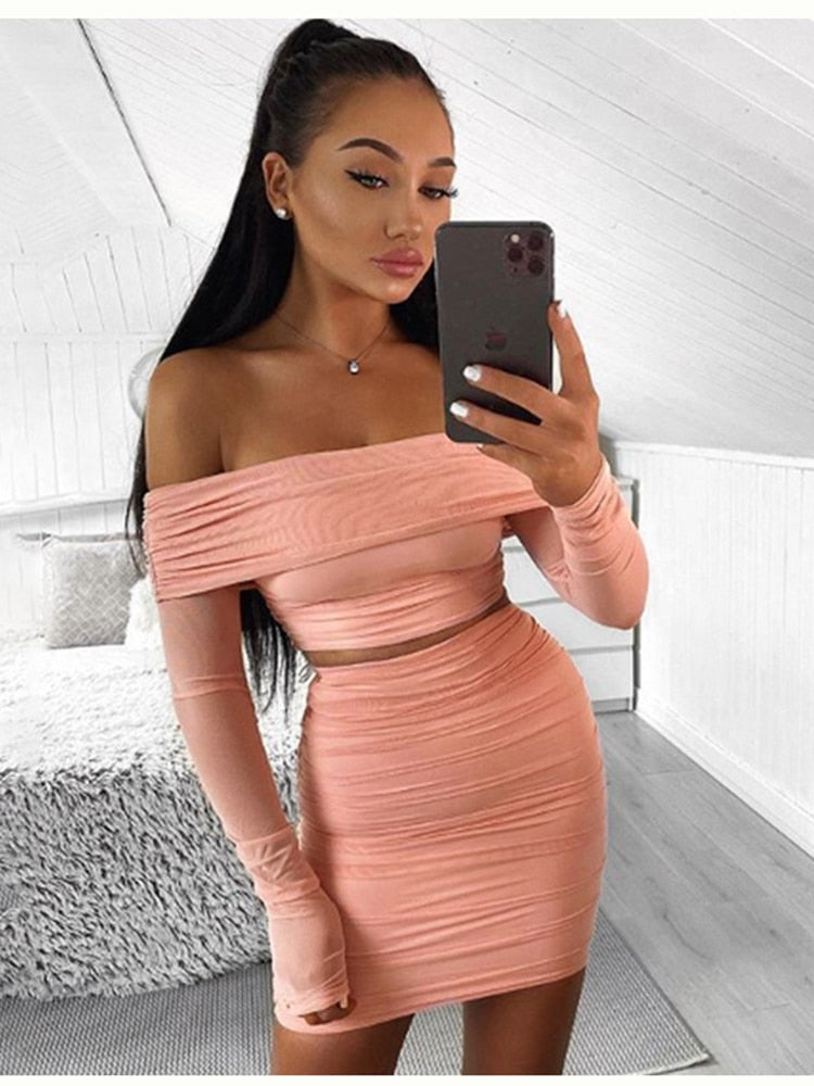 Two Piece Set Autumn Pleat Ruched Crop Top Mini Skirt
