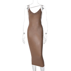 Faux Leather Women Slit Midi Dress